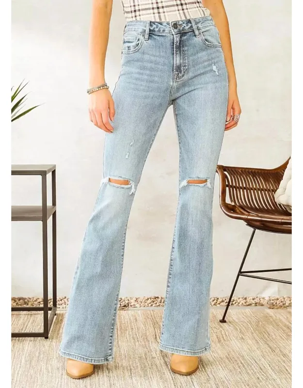Distressed High Rise Light Ultra Flare Jeans