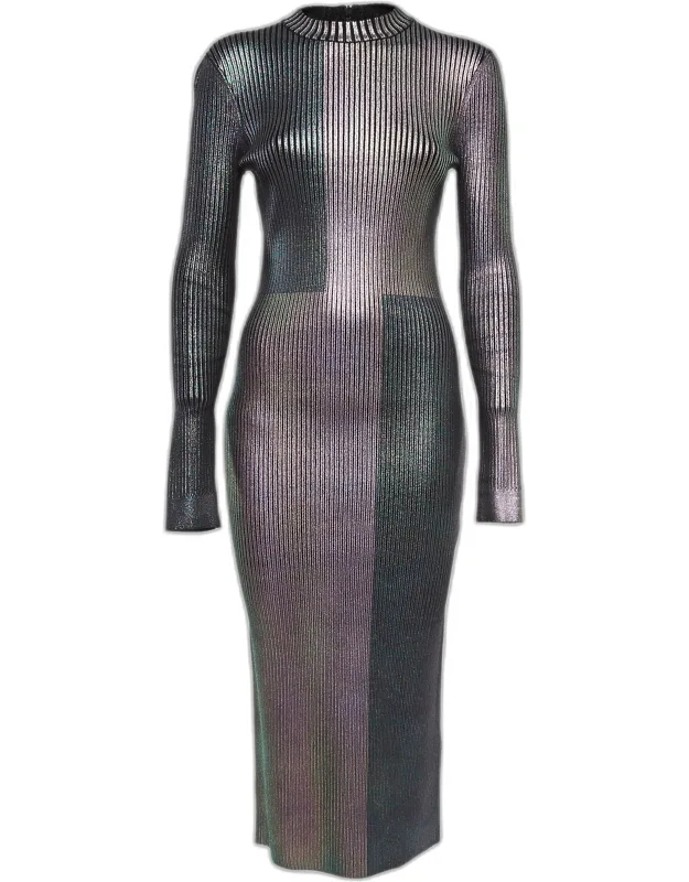 Multicolor Foil Print Rib Knit Bodycon Dress