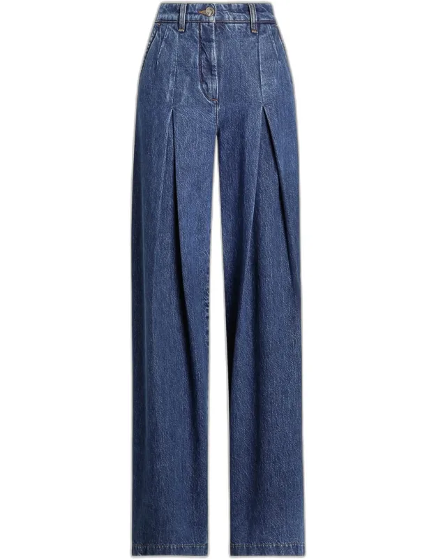 Pleated Wide-leg Denim Jeans