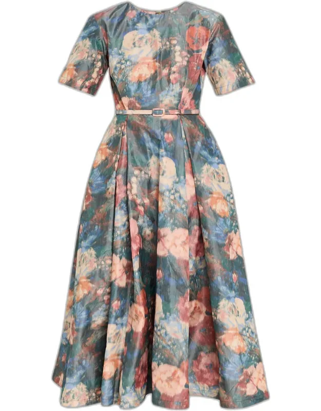 Floral Taffeta Belted Midi Cocktail Dress