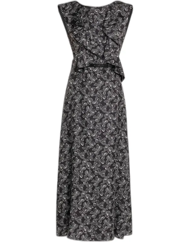 Bow-print Ruffle Backless Midi Dress