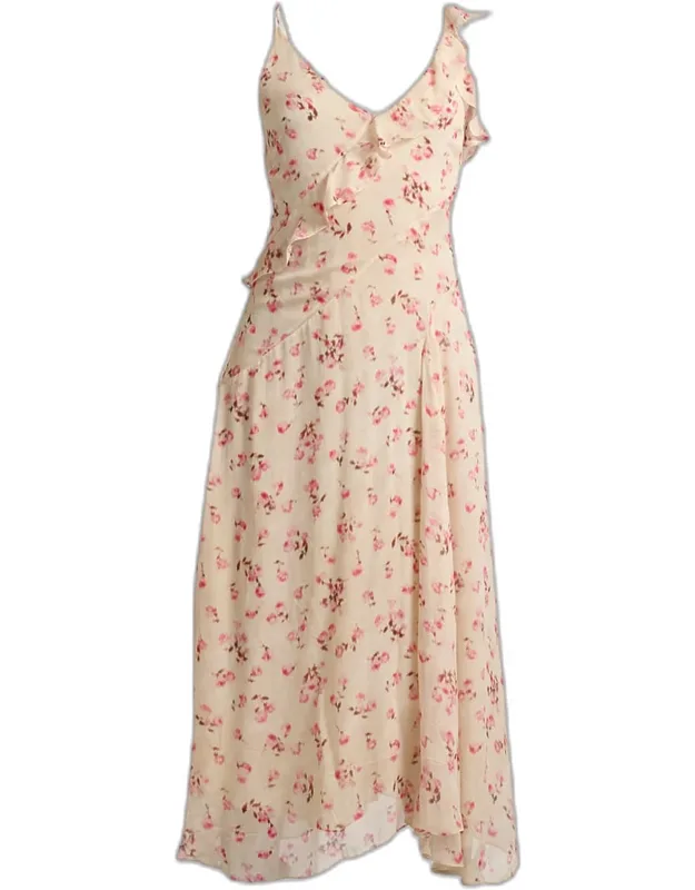 Floral-print Asymmetric Godet Sleeveless Midi Dress