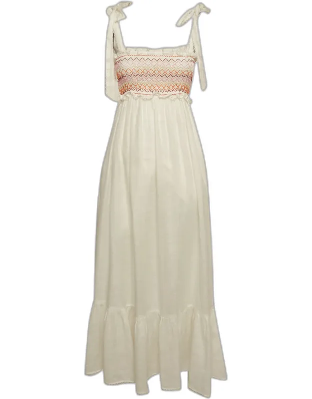 Linen Shirring Detail Midi Dress