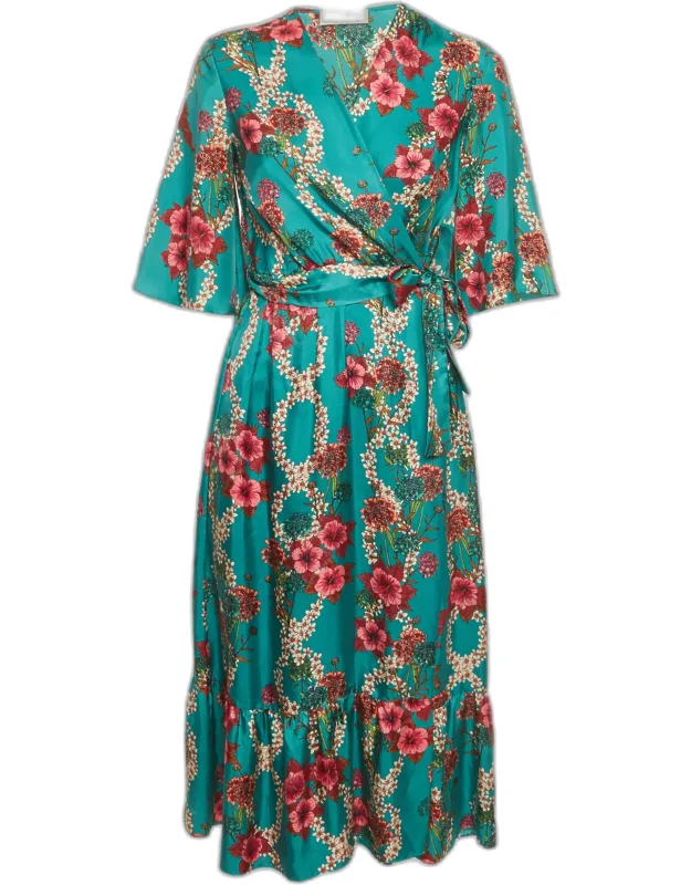 Floral Print Silk Midi Wrap Dress