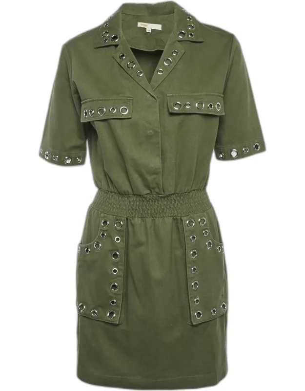 Olive Green Denim Eyelet Detail Mini Dress