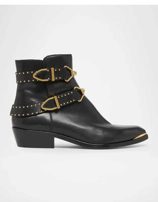 Studded Leather Buckle Ankle Boots