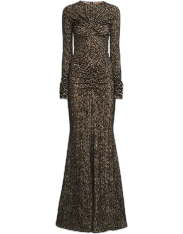 Flocked Print Tulle Sheer Draped Maxi Dress
