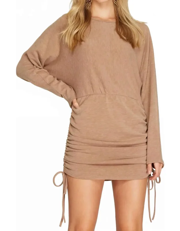 Long Dolman Sleeve Knit Dress With Drawstring Ruched Sides
