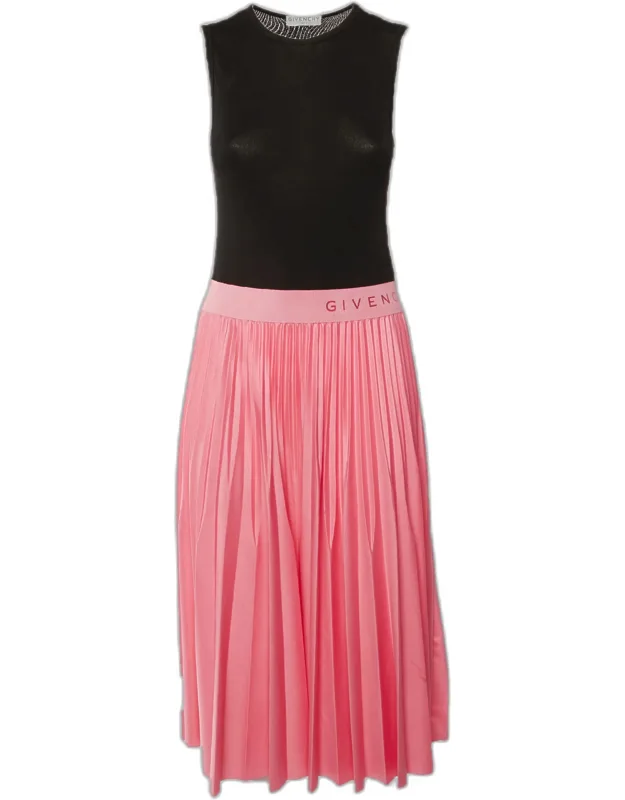 Jersey And Plisse Skirt Detail Midi Dress