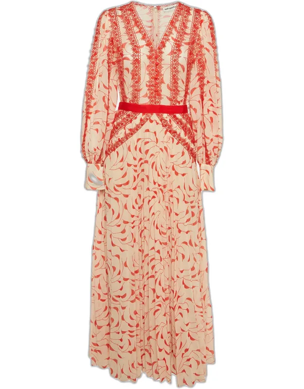 Printed Chiffon Guipure Lace Trim Plisse Dress