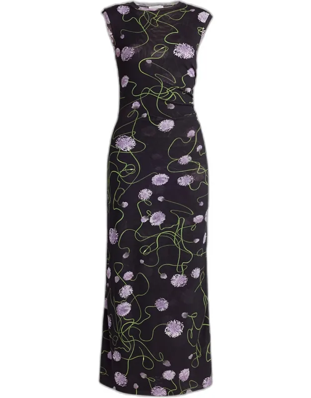 Twisted Flower Mesh Sleeveless Maxi Dress
