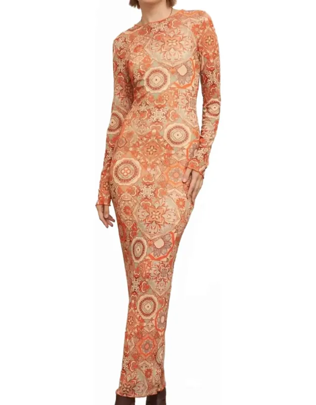 Mesh Printed Long Sleeve Maxi Dress