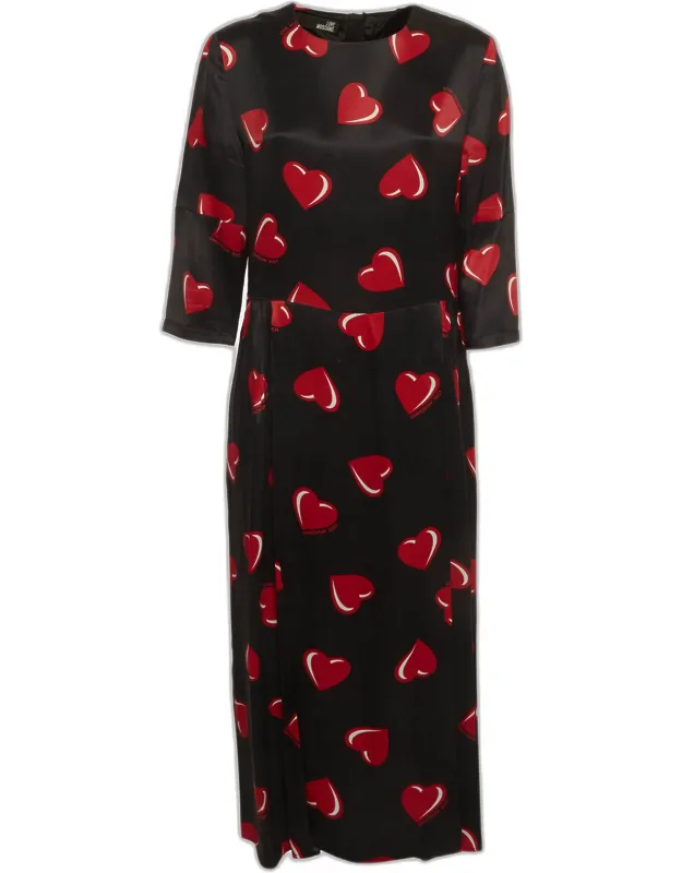 Heart Print Satin Flared Midi Dress