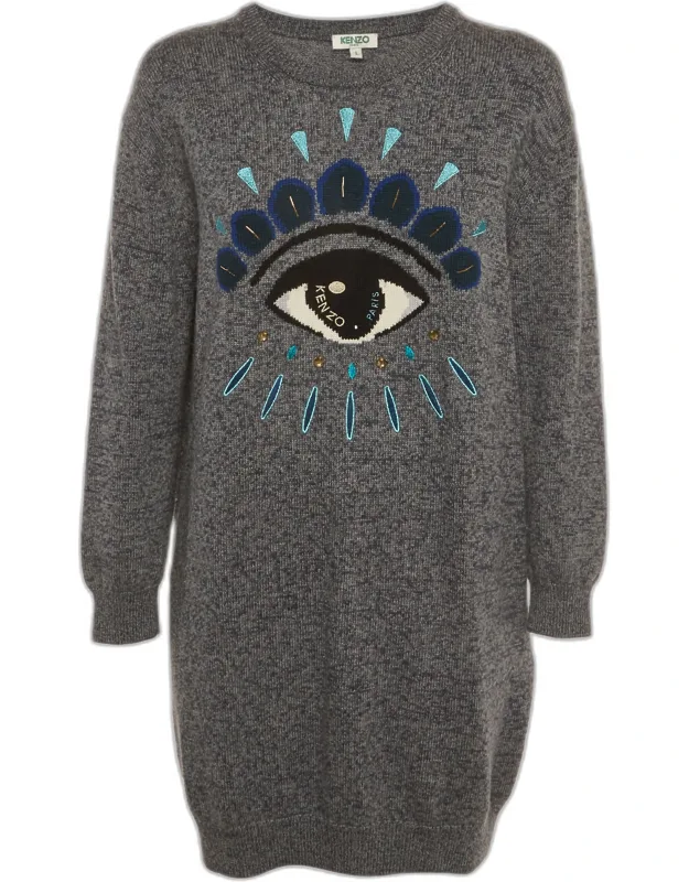 Logo Eye Intarsia Wool Knit Mini Sweater Dress