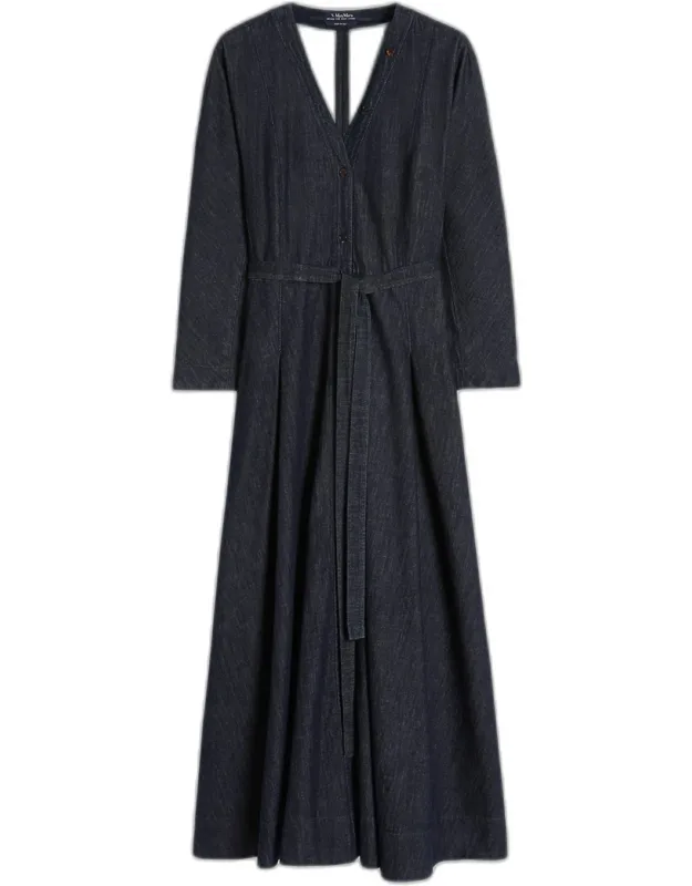 Belted Cotton Denim Midi Dress