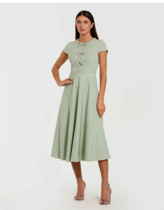 Embellished Crepe Cap Sleeve Midi Dress
