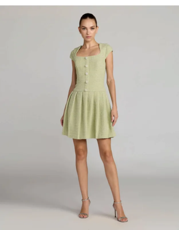 Tweed Cap Sleeve Pleated Mini Dress