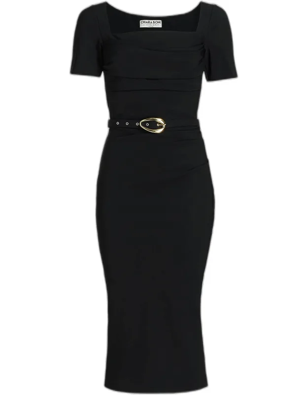 Belted Square-neck Midi Sheath Dress