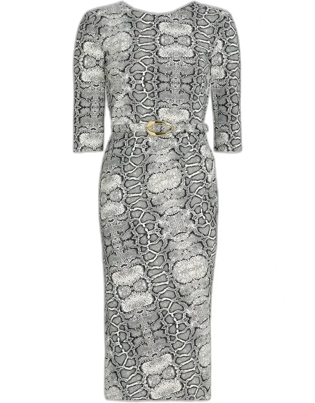 Belted Snakeskin-print Midi Sheath Dress