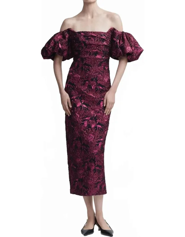 Floral Jacquard Puff-sleeve Dress