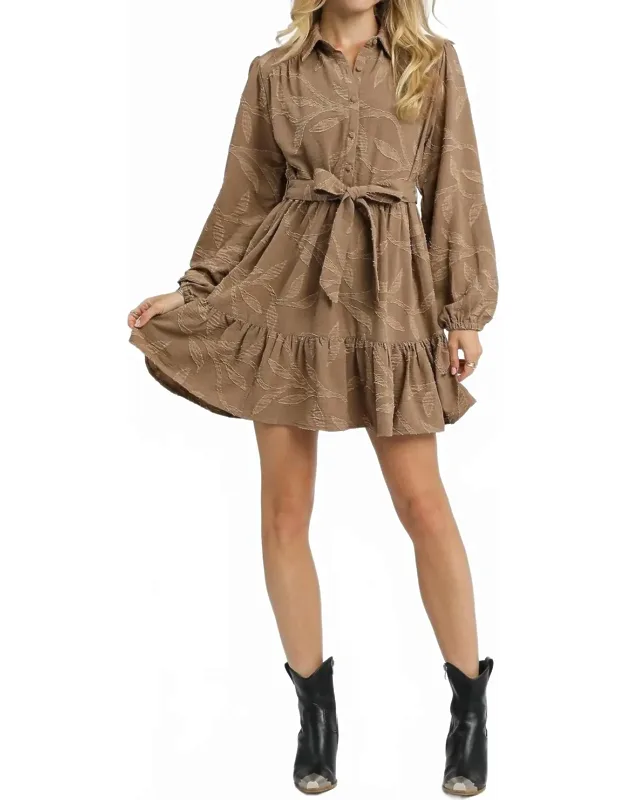 Jacquard Tie Waist Shirt Dress