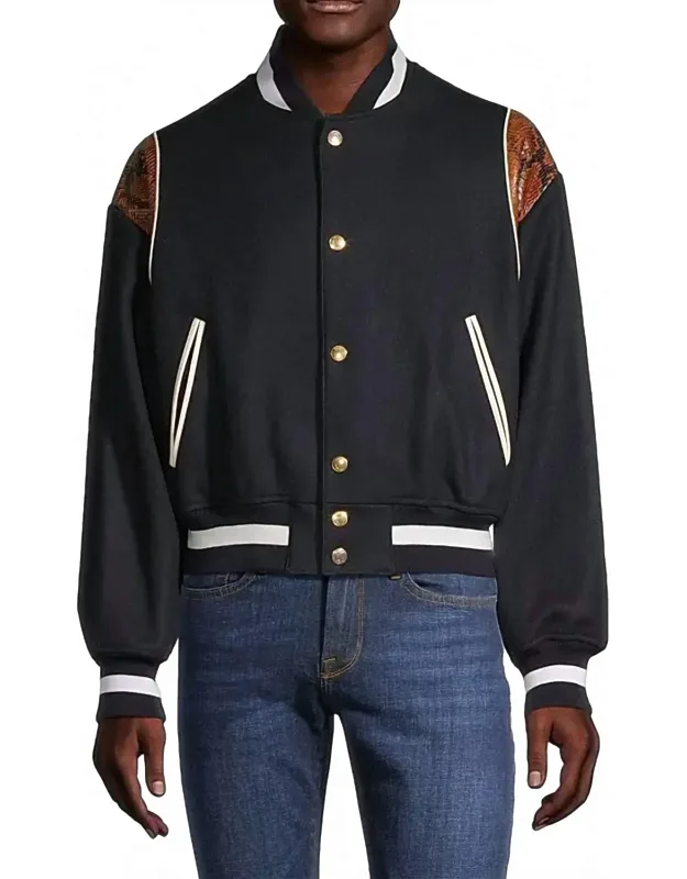 Wool-blend Snakeskin-embossed Bomber Jacket