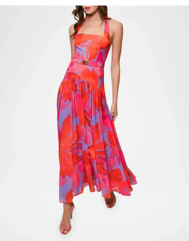 Pleated Floral-print Halter Maxi Dress