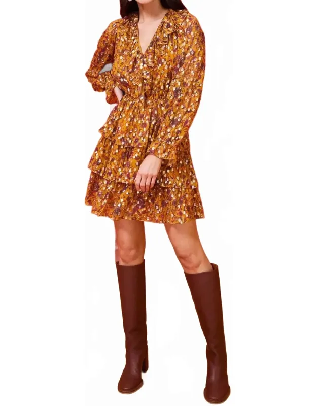 Una Dress With Sheer Sleeves And Ruffled Neckline
