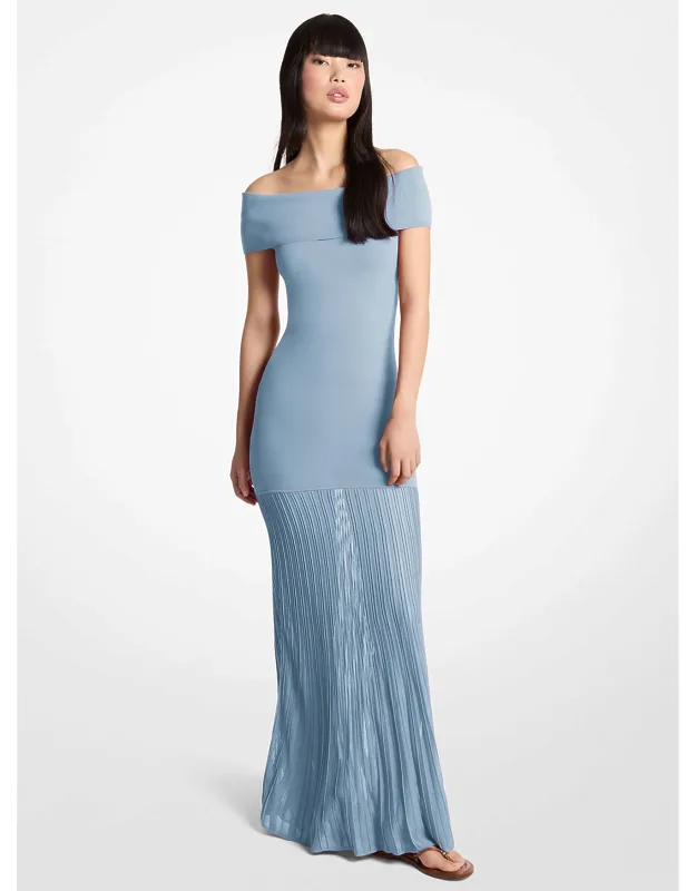 Pleated Stretch Knit Off-the-shoulder Maxi Dress