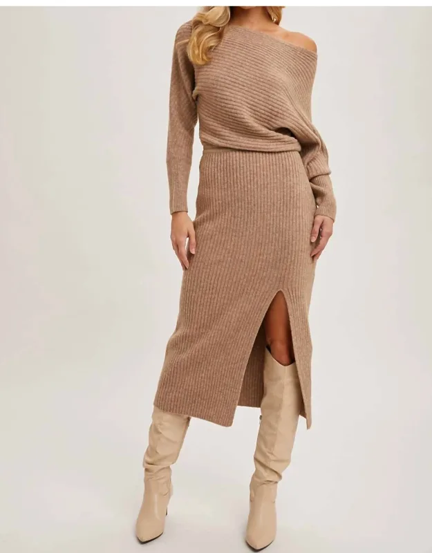 One Shoulder Off Side Slit Midi Knit Sweater Dress
