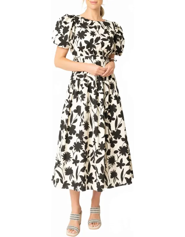 Floral Print Cut Out Shirred Midi Dress