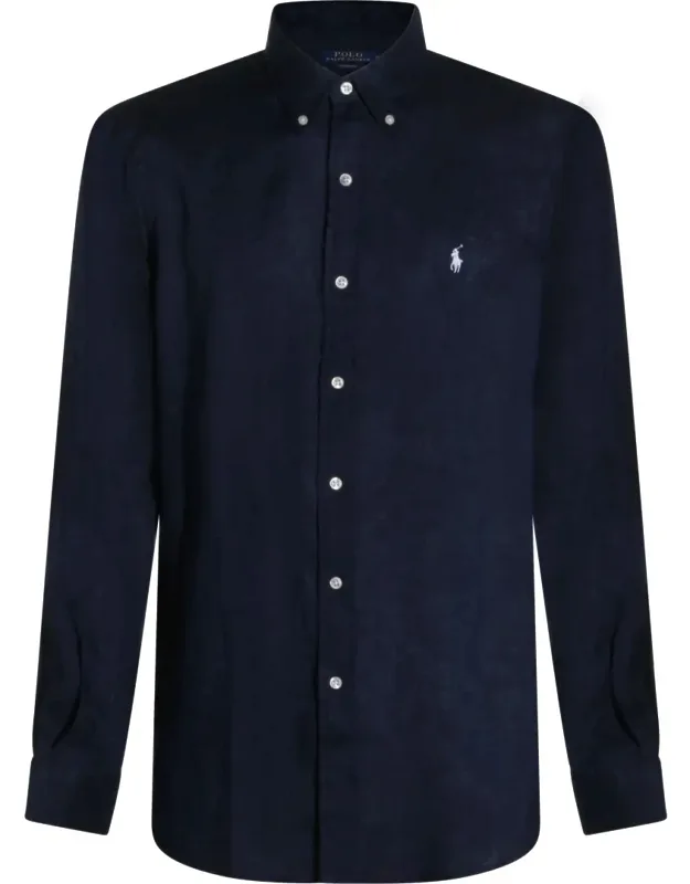 Dark Blue Linen Shirt With Long Sleeves And Pockets