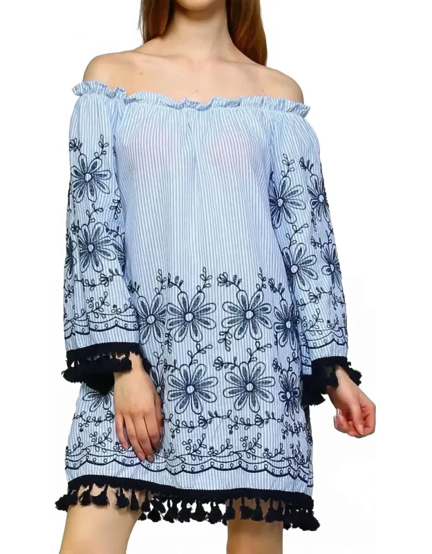 Embroidered Off The Shoulder Tassel Mini Dress