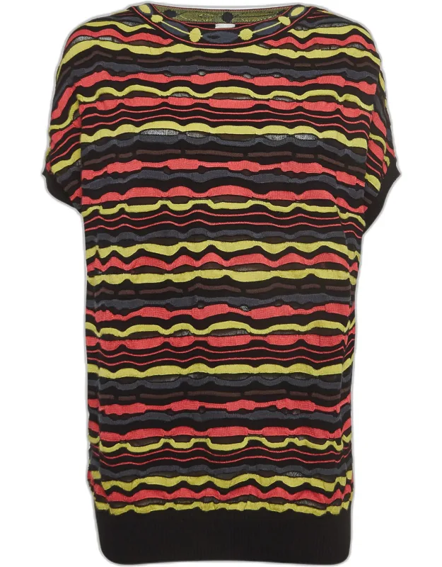Multicolor Patterned Knit Short Sleeve Sweater