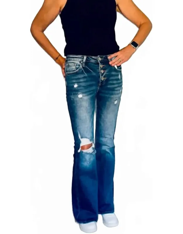 Mid Rise Button Down Flare Jeans