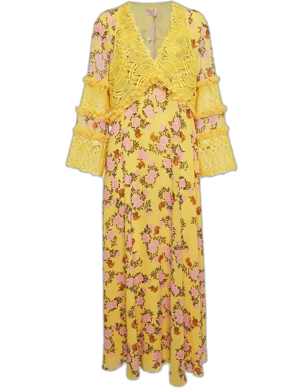 Floral Print Chiffon And Lace Cut-out Maxi Dress