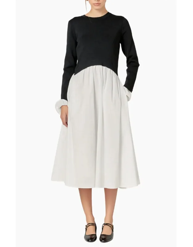 Twofer Long Sleeve Mixed Media Midi Dress