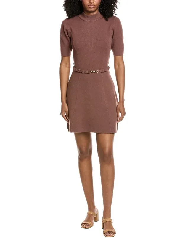 Gold Clasp Belt Detail Mock Neck Sweaterdress