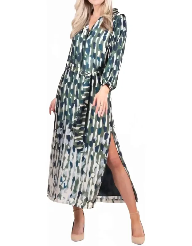 Long Sleeve Button Front Side Slit Dress