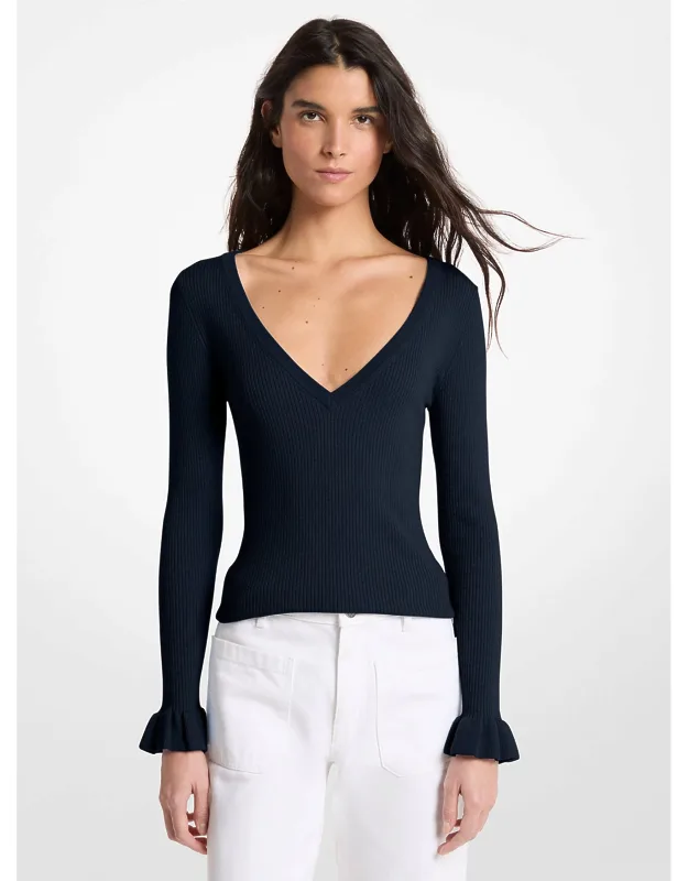 Ribbed Wool Blend V-neck Sweater