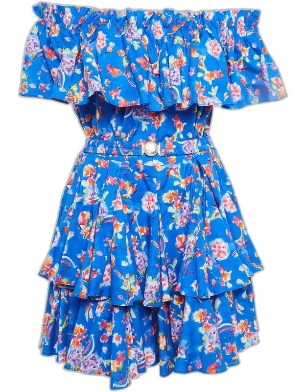 Printed Cotton Blend Ruffled Mini Dress
