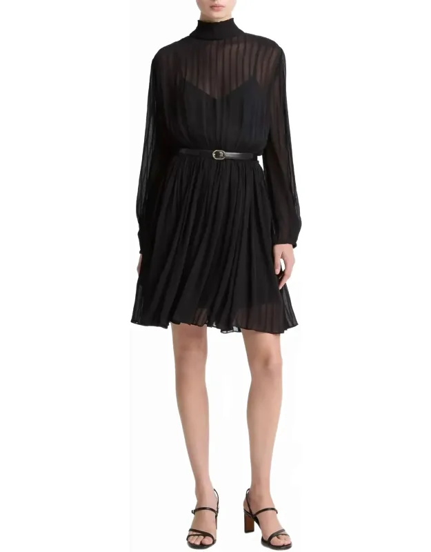 Crinkle Stripe Mock Neck Long Sleeve Dress