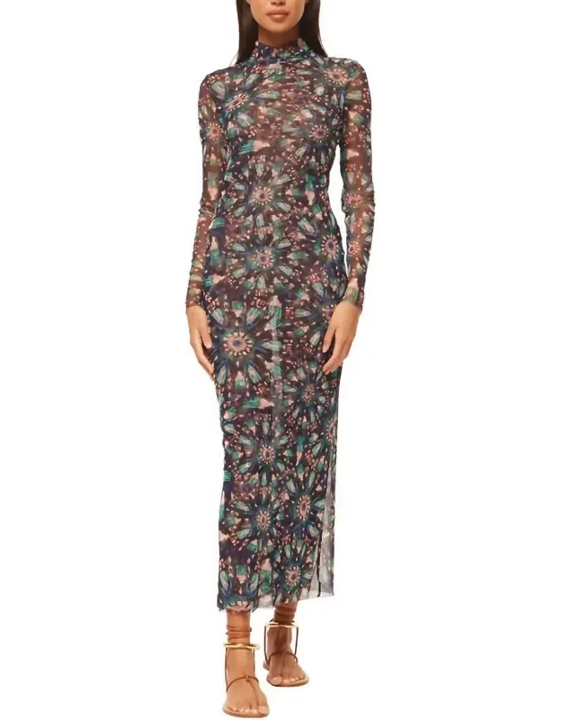 Liv Dress In Burst With Turtleneck And Sheer Long Sleeves