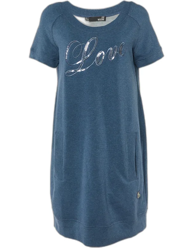 Cotton Knit Sequin Logo Embroidered Sweater Mini Dress