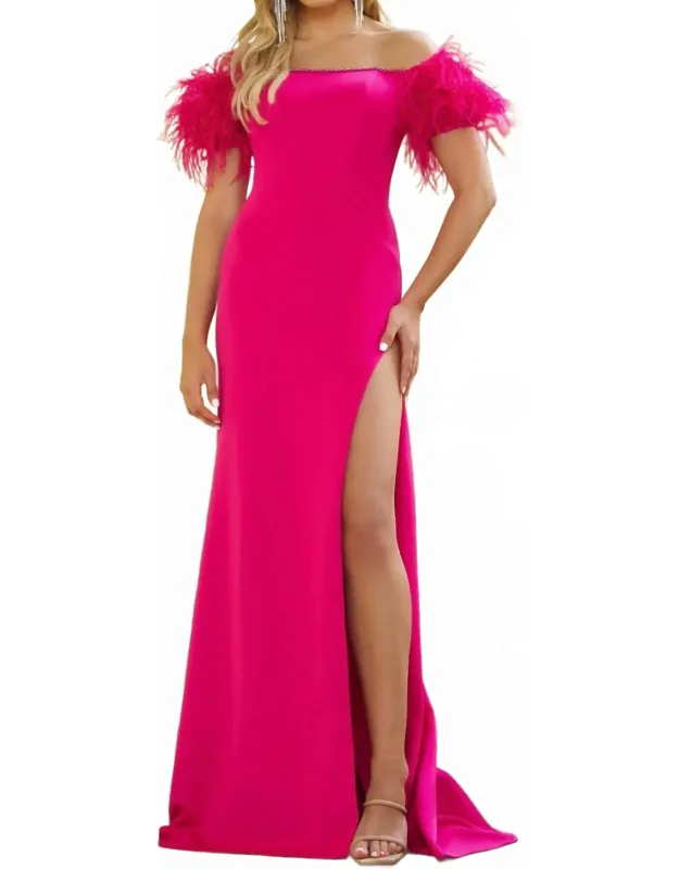 Off Shoulder Feather Trim Evening Dress