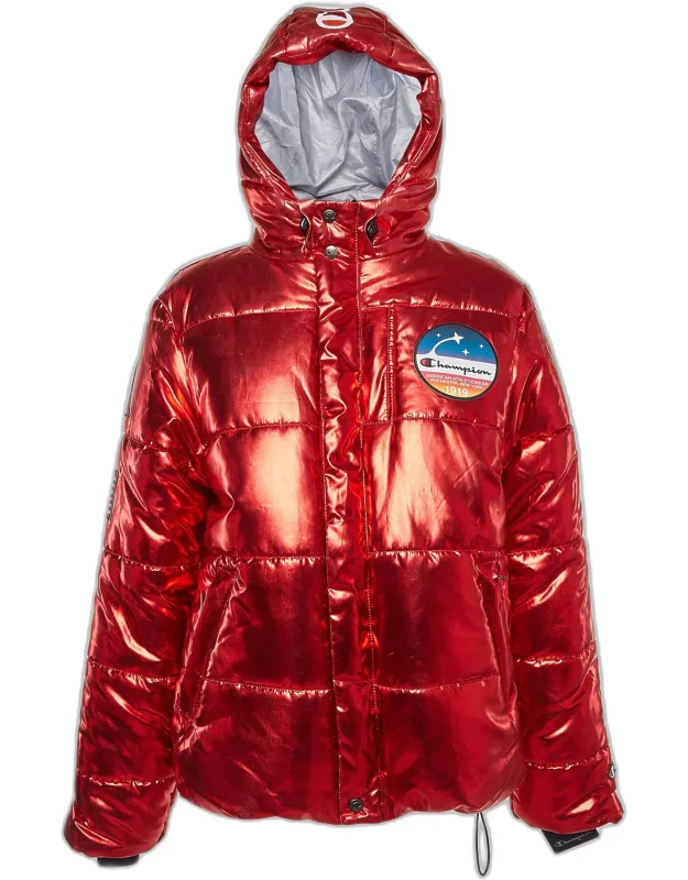 Lame Printed & Badge Detail Puffer Overcoat