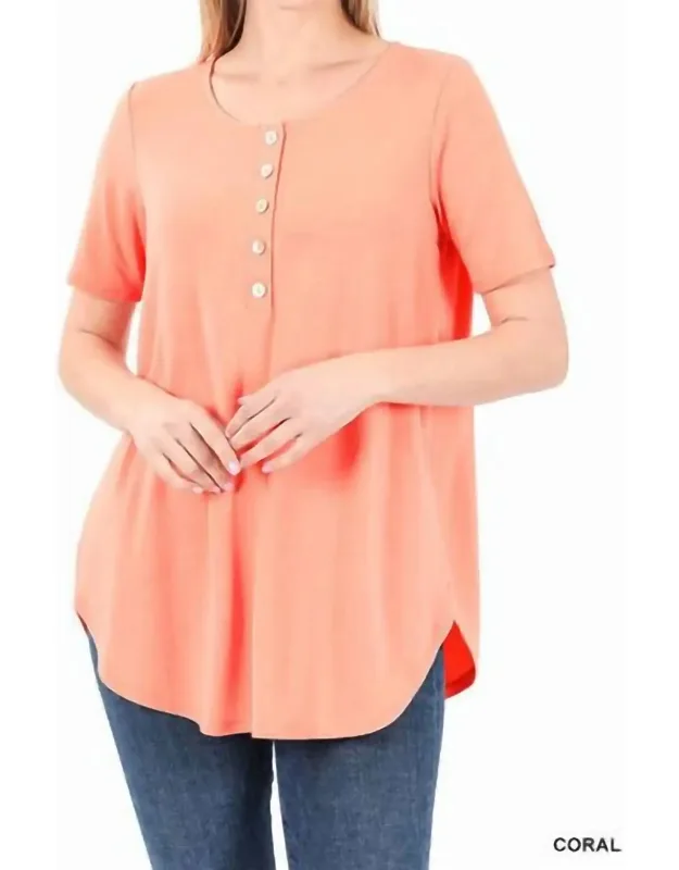 Short Sleeve Dolphin Hem Shell Button Up Top