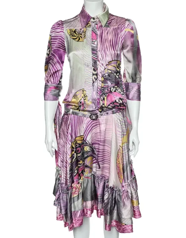 Multicolor Printed Silk Belted Ruffled Hem Dress