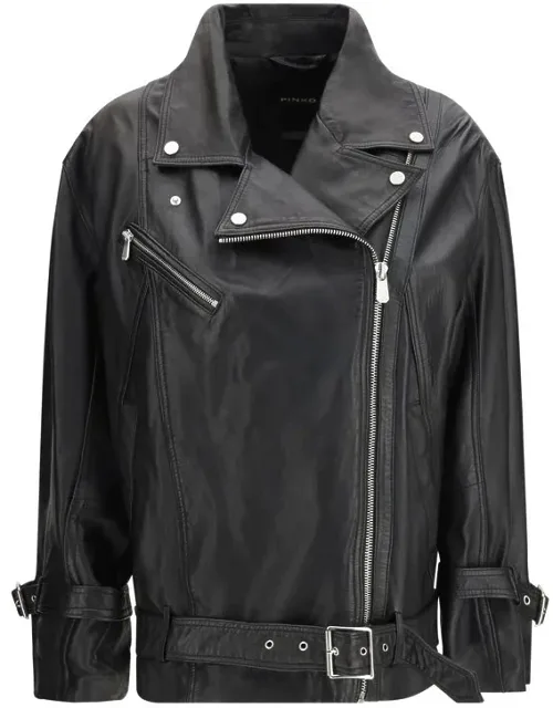 Pinko Leather Jacket With Adjustable Cuffs And Buckle Belt