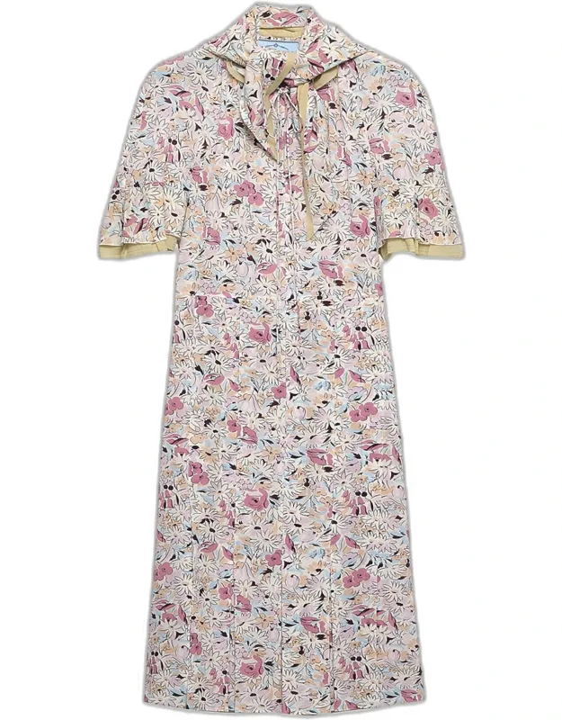 Floral Silk Scarf-neck Midi Dress